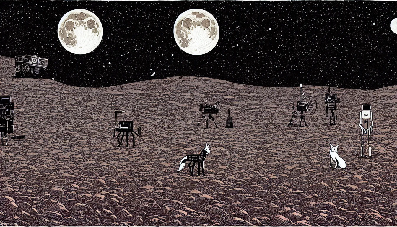 Prompt: a fox and a robot rover standing in desert looking at the moon and night sky by woodblock print, nicolas delort, moebius, victo ngai, josan gonzalez, kilian eng