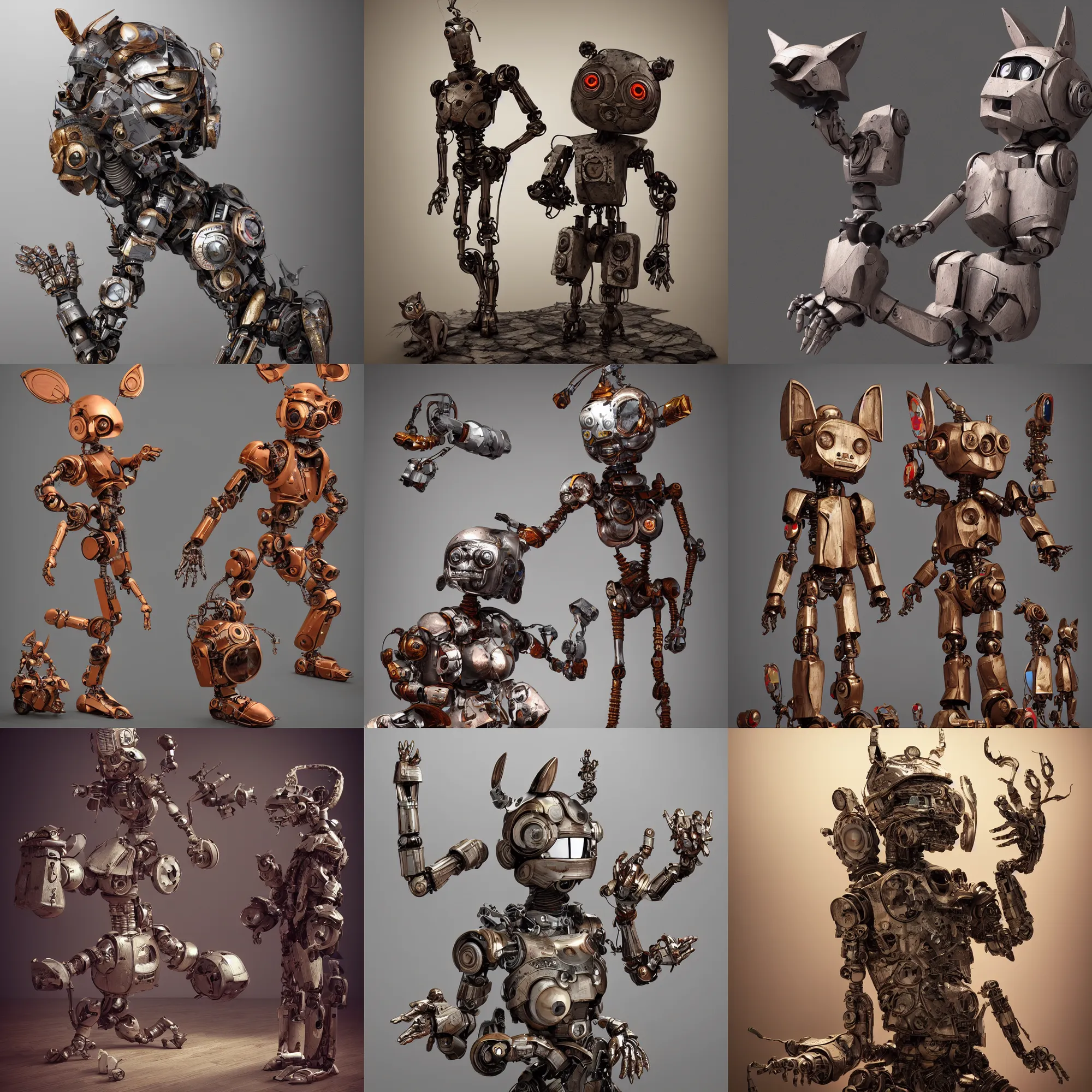 Prompt: 3 d octane render ultra 8 k photorealistic hyper detailed unreal engine a, vhs, futurepunk, concept art, trending on cgsociety, artwork masterpiece, in a contemporary art gallery, lossless quality, wooden sculpture statue on feet art toys, a very cute mystical robot of the bohemian with cats ears artwork by allred mike