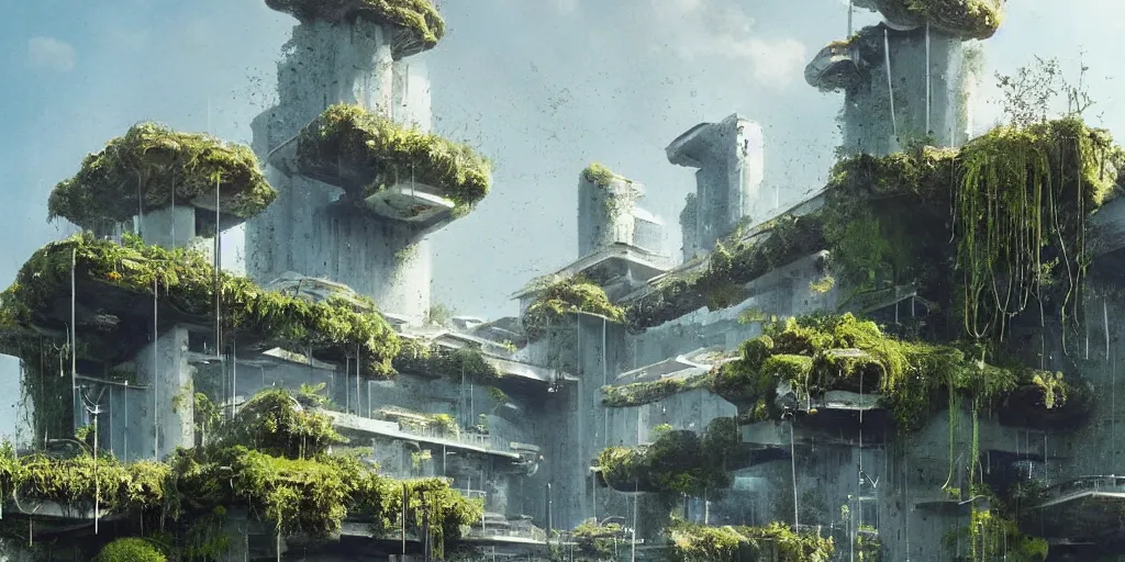 Prompt: concrete architecture with moss and ivy growing all over, many antennas and towers, futuristic, late afternoon light, wispy clouds in a blue sky, by frank lloyd wright and greg rutkowski and ruan jia