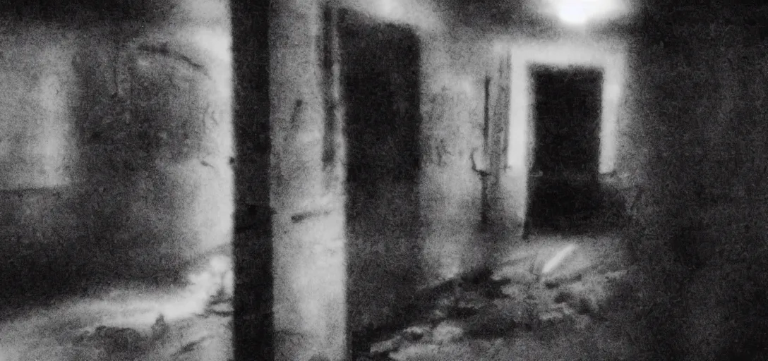 Image similar to scary ghost caught from a camera's tape in a haunted house, scary atmosphere, black and white