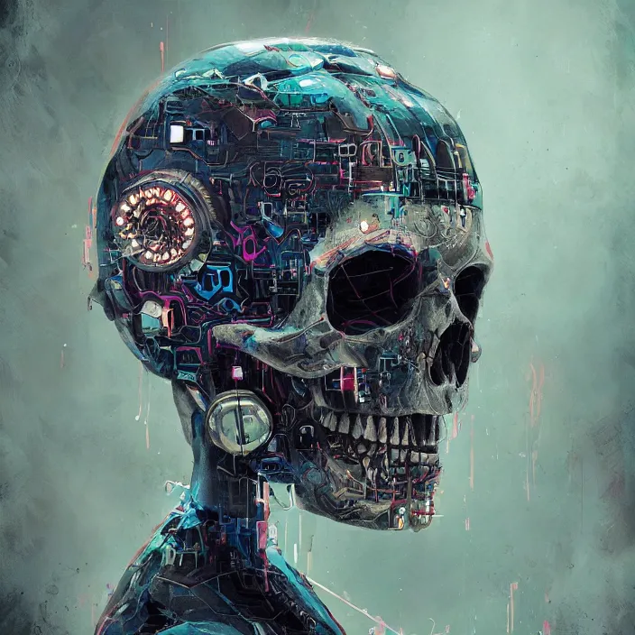 Image similar to a beautiful painting of a cyberpunk skull by pascal blanche and julian calle and nekro. in style of colorful comic noir illustration, symmetry, sci fi, hyper detailed. octane render. trending on artstation