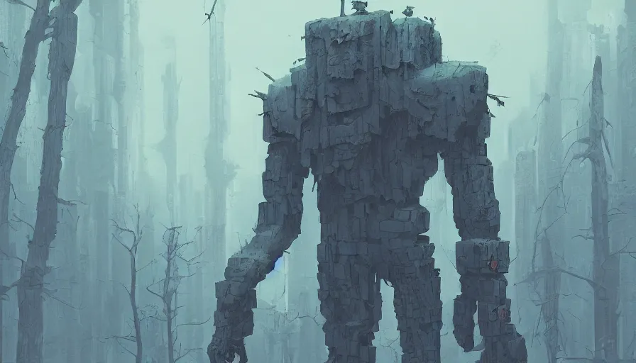 Image similar to stone golem, true evil, dormant, cyberpunk forest, nearby, sharp focus, james gilleard, cinematic, game art, extremely detailed digital painting, print