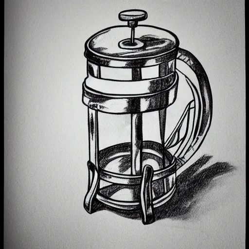 Image similar to coffee french press hand drawn ink on paper, high detail, denoised