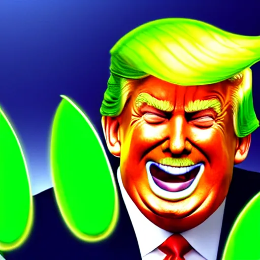 Image similar to trump smiling whilst holding a bunch of green chaos emeralds, highly detailed, realistic, beautiful composition, sharp focus, artstation, sharp focus