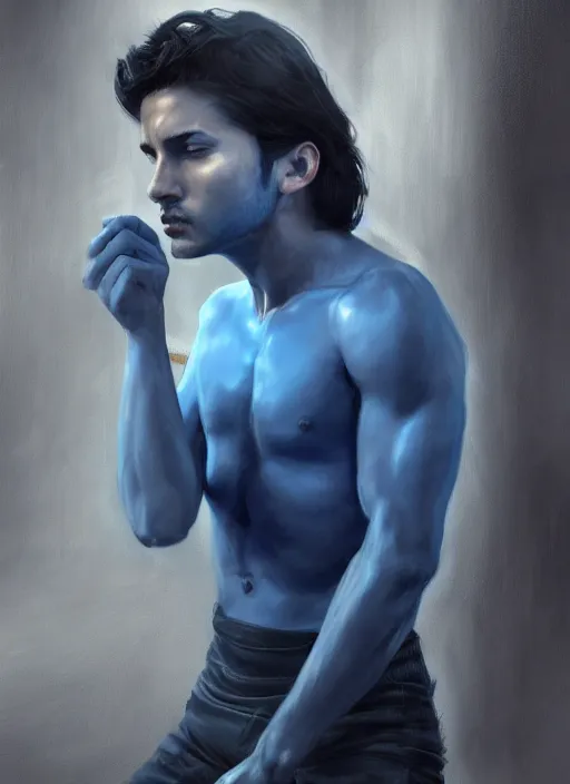 Image similar to handsome young man with short black hair, male, dressed in blue, looking down, half body shot, arms down, path traced, highly detailed, high quality, digital painting, bastien lecouffe - deharme