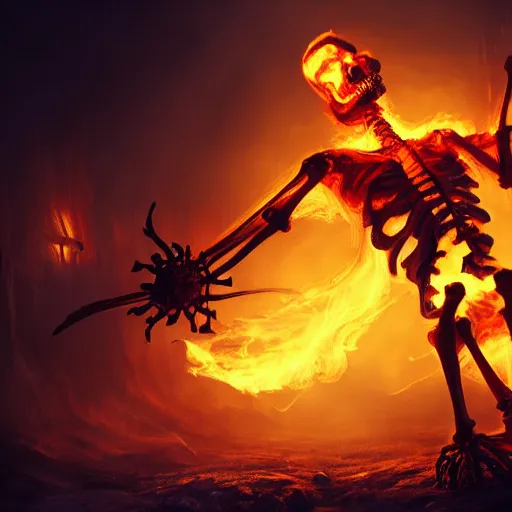 Image similar to Flaming Skeleton, dramatic lighting, digital fantasy concept art, 4K, high resolution, trending on artstation