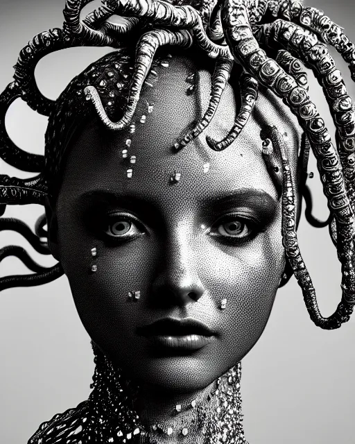 Image similar to surreal mythical dreamy artistic black and white fine art photo of a beautiful young female queen - medusa - cyborg covered with metal fish scales and translucent algae, highly detailed, intricate crystal ivy jelly fish scales ornate, poetic, octane render, 8 k, photo - realistic