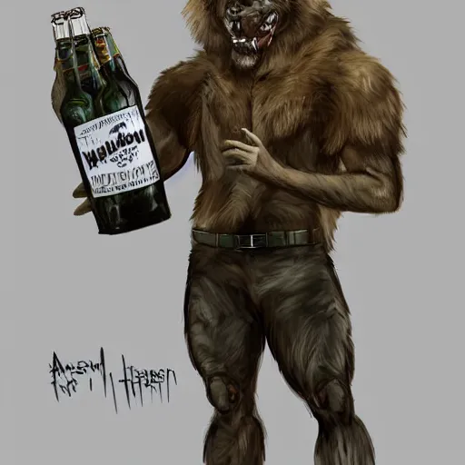 Image similar to a humanoid german shepherd beast - man in military style, holding a bottle of beer, artstation, concept art, smooth, sharp foccus ilustration, artstation