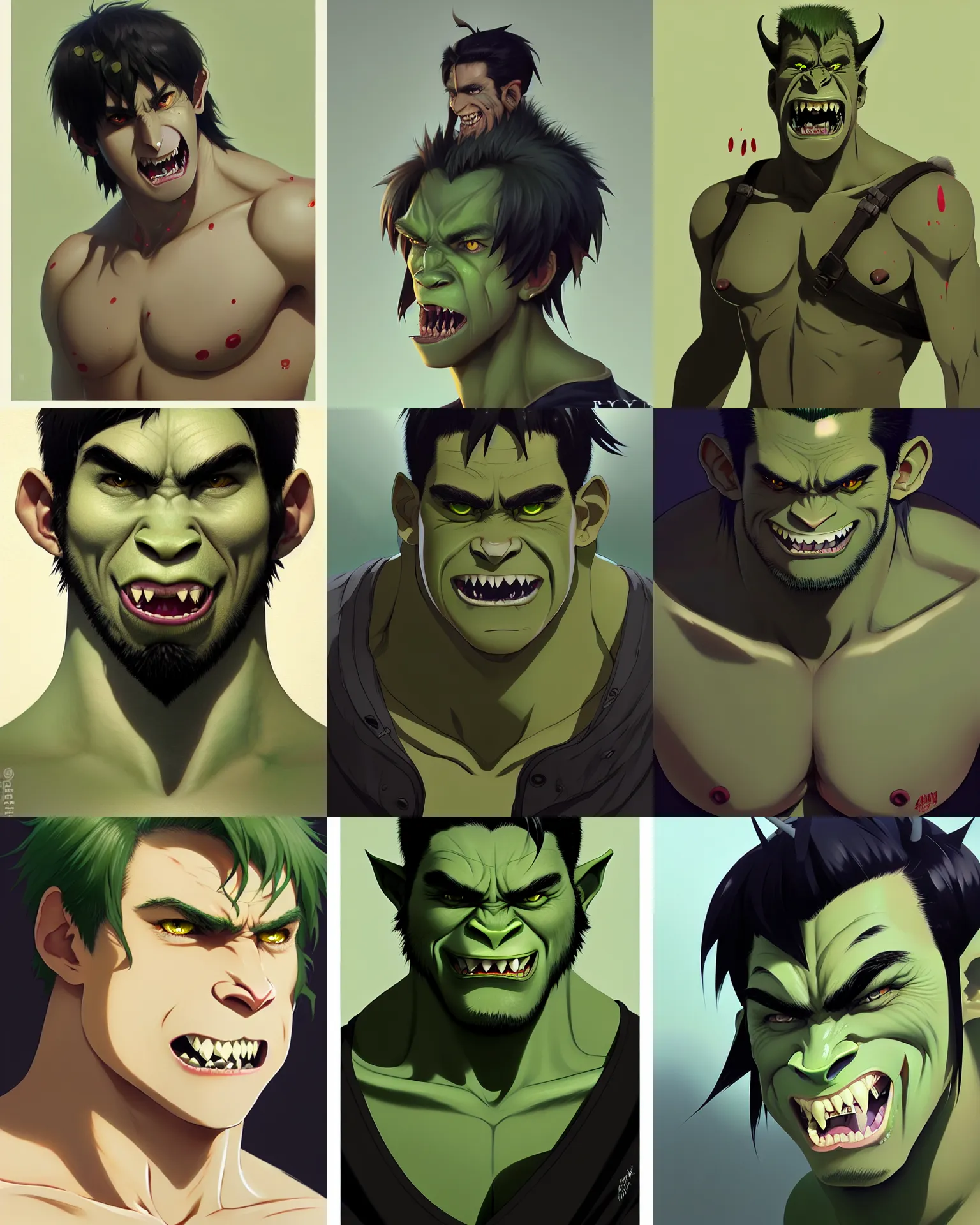 Prompt: a male orc with dull fangs and olive green skin | | very anime, fur bra, fine - face, pretty face, realistic shaded perfect face, fine details. anime. realistic shaded lighting poster by ilya kuvshinov, katsuhiro otomo, greg rutkowski, magali villeneuve, artgerm, jeremy lipkin and michael garmash and rob rey