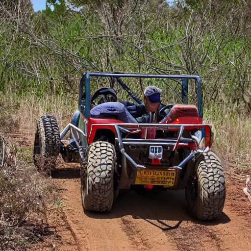 Image similar to nn off road buggy drives towards the viewer along a forest dirt track. the vegetation is sparse scrub. the driver is male and smiling. the buggy has an open frame build with mounted search lights. the sky is cloudy and dust is being thrown up by the buggy's wheels