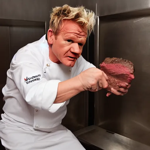 Prompt: gordon ramsay eating steak from a toilet