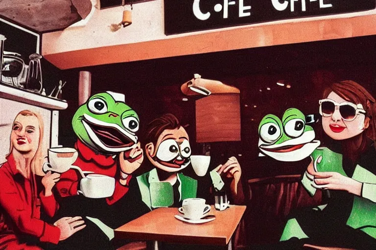 Image similar to pepe the frogs drinking coffee in a cafe, 8 0 s style, cinematographic photo