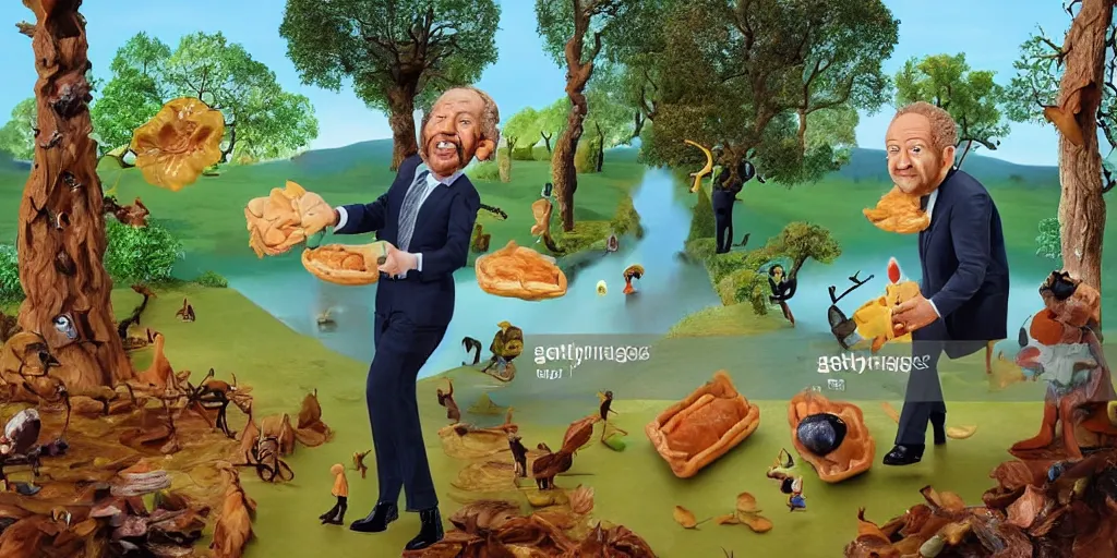 Image similar to alan sugar. plasticine animation eating leaves pastry pets on his shoulders going for a walk in the country. in the forest on the floor. the apprentice sitting on hands. eating burnt toast and drinking fresh clear water from a stream, painting in the style of salvador dali.