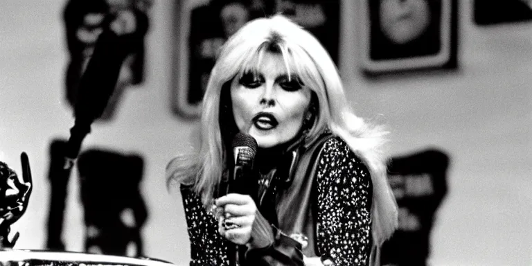 Image similar to Photorealistic Cinematography of Debbie Harry hosting The Muppet show in 1981