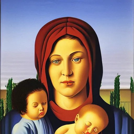 Prompt: a vivid painting of the Madonna and child by Rene Magritte, detailed image, surreal