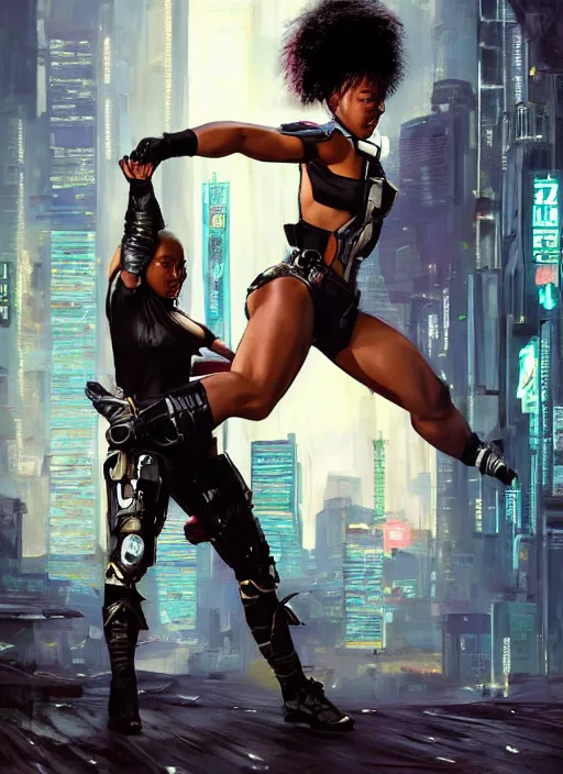 Image similar to black chun li doing high kick. cyberpunk police trooper in a military vest ( blade runner 2 0 4 9, cyberpunk 2 0 7 7 ). orientalist portrait by john william waterhouse and james gurney and theodore ralli and nasreddine dinet, oil on canvas. cinematic, hyper realism, realistic proportions, dramatic lighting, high detail 4 k