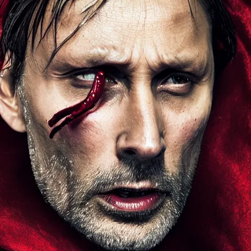 Image similar to mads mikkelsen as a vampire, male, late - 4 0 s aged, shoulder length hair, slicked black hair, red eyes, clean shaven, wearing a cape, regal, royal, grim facial expression, high medieval fantasy, full color digital art, cinematic shot, portrait, wide shot.