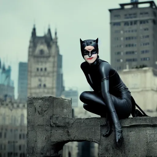 Image similar to Emma Watson as Catwoman, 105mm, Canon, f/1.4, ISO 100, 1/200s, 8K, RAW, symmetrical balance, Dolby Vision, Aperture Priority, white balanced