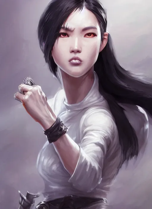 Image similar to a highly detailed illustration of fierce tall amazon messy ponytail black haired one armed delinquent asian woman wearing white cap wearing long white jacket with cape, dramatic wielding sword pose, muscular, intricate, elegant, highly detailed, centered, digital painting, artstation, concept art, smooth, sharp focus, league of legends concept art, wlop.