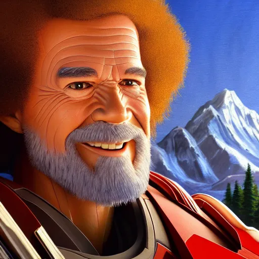 Image similar to a closeup photorealistic photograph of bob ross diligently finishing a canvas painting depicting iron man. mountains and trees. film still. brightly lit scene. this 4 k hd image is trending on artstation, featured on behance, well - rendered, extra crisp, features intricate detail, epic composition and the style of unreal engine.