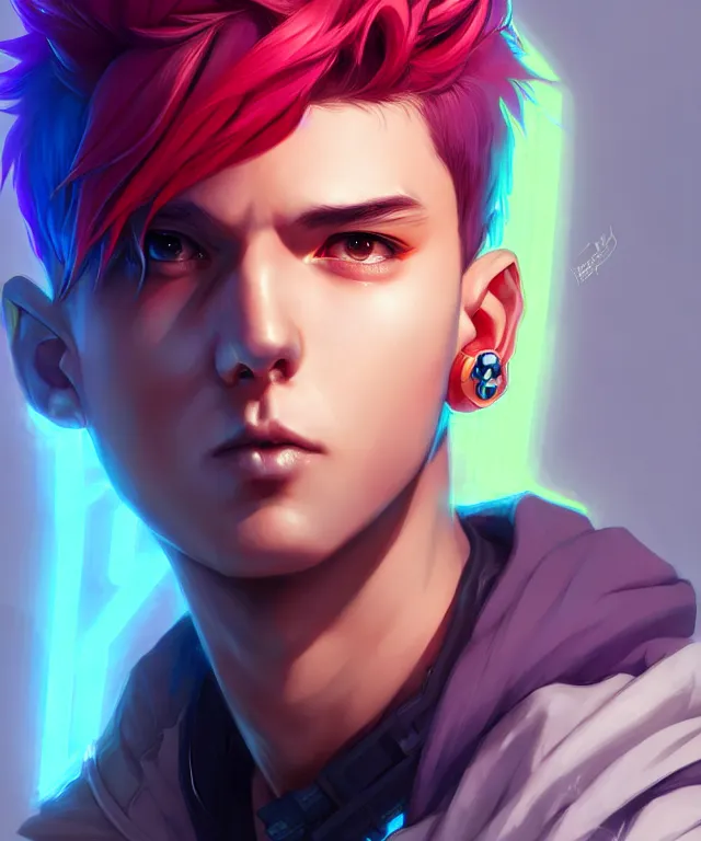 Image similar to character concept art of a cute cyberpunk boy with colorful hair and piercings | | cute - fine - face, pretty face, key visual, realistic shaded perfect face, fine details by stanley artgerm lau, wlop, rossdraws, james jean, andrei riabovitchev, marc simonetti, and sakimichan, trending on artstation