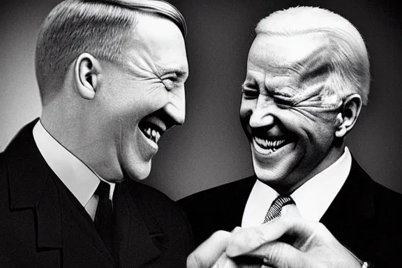 Image similar to “ very very intricate photorealistic photo of hitler and joe biden laughing together, detailed natural lighting, award - winning crisp details ”