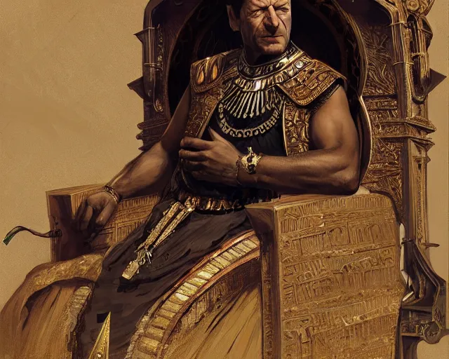 Prompt: sean bean as a dark - skinned egyptian pharao sitting on a throne, intricate, elegant, highly detailed, digital painting, artstation, concept art, matte, sharp focus, illustration, art by anders zorn and greg rutkowski and alphonse mucha