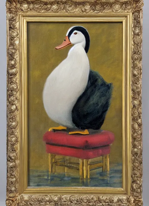 Prompt: oil painting of a royal duck sitting on a throne