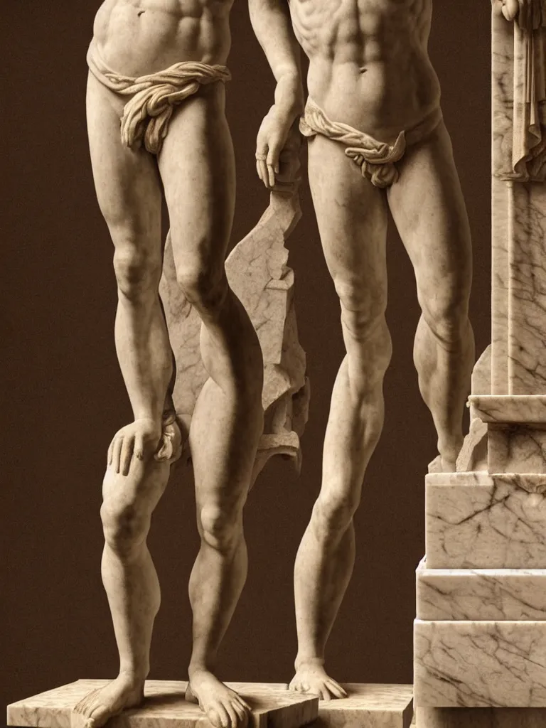 Image similar to a full body image of a twenty - something michelangelo standing in contrapposto wearing peasant clothing of the renaissance. a chisel and mallet sit on a table nearby. a large block of marble dominates the background. photorealistic, hyperdetailed, studio lighting, octane render, caustics