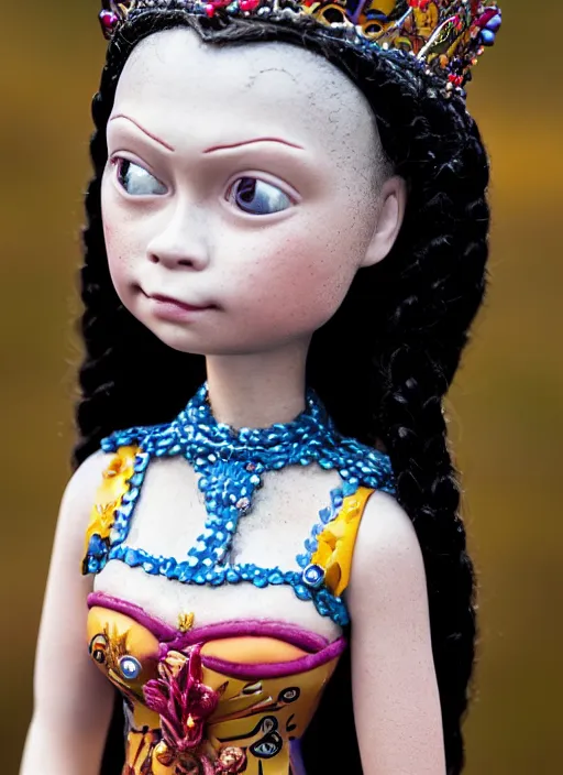 Image similar to closeup face profile portrait of tin toy greta thunberg as a fairytale goth princess wearing a crown eating cakes, bikini, depth of field, zeiss lens, detailed, symmetrical, centered, fashion photoshoot, by nicoletta ceccoli, mark ryden, lostfish, breathtaking, 8 k resolution, extremely detailed, beautiful, establishing shot, artistic, hyperrealistic, octane render