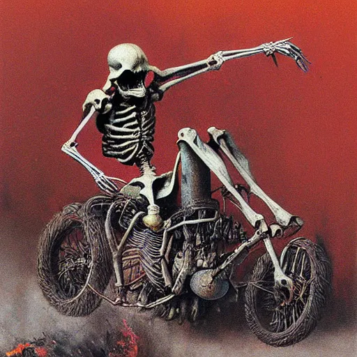 Prompt: Skeleton riding a motocycle with fire behind made by Zdzislaw Beksinski