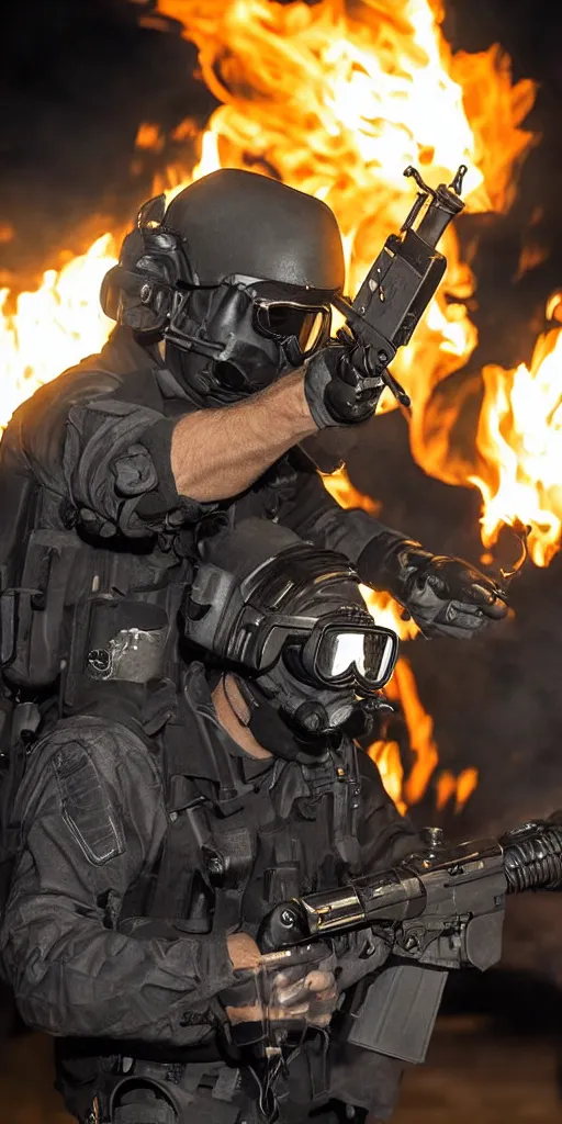 Prompt: portrait of a burning swat agent with a tactical helmet and goggles holding a machine gun, flames, at night, mid shot, editorial photography