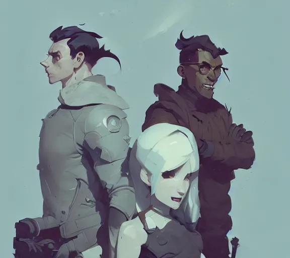 Image similar to portrait jayce and viktor, arcane, by atey ghailan, by greg rutkowski, by greg tocchini, by james gilleard, by joe fenton, by kaethe butcher, dynamic lighting, gradient light blue, brown, blonde cream and white color scheme, grunge aesthetic