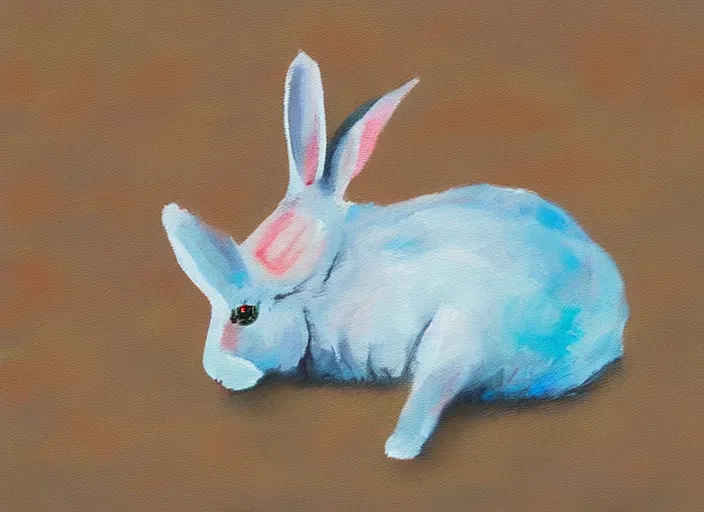 Prompt: rabbit, beach, serene, happy, artwork, acrylic paint, dichromatism, post processing