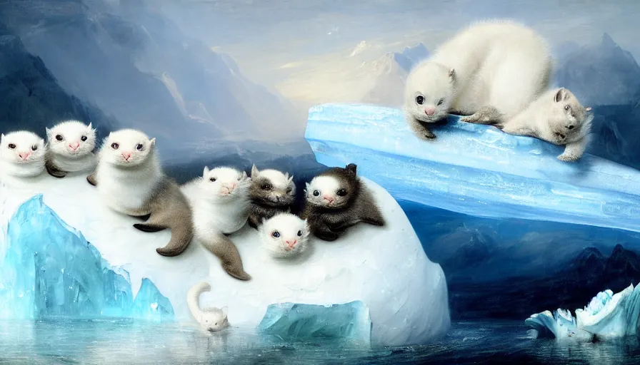 Image similar to highly detailed painting of white cute baby seal furry dragon kitten pandas on a blue and white iceberg by william turner, by greg rutkowski, by william constable, thick brush strokes and visible paint layers, 4 k resolution