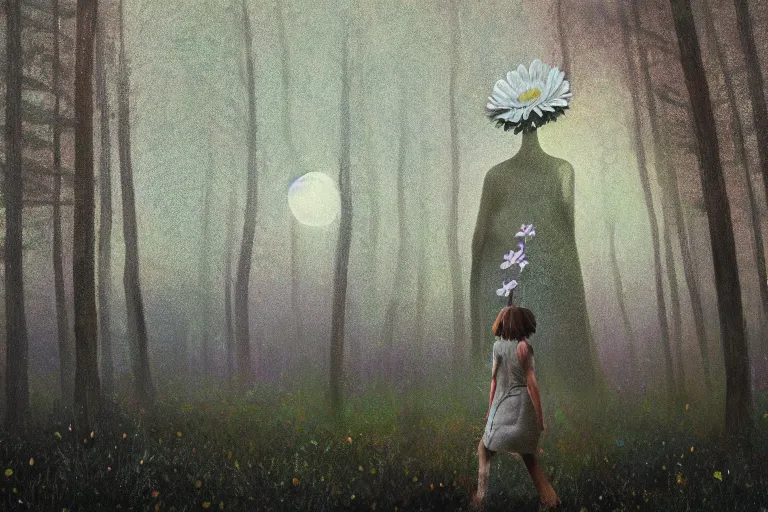 Image similar to giant daisy flower as face, girl walking in forest, surreal photography, dark night, stars, moon light, impressionist painting, clouds, digital painting, artstation, simon stalenhag