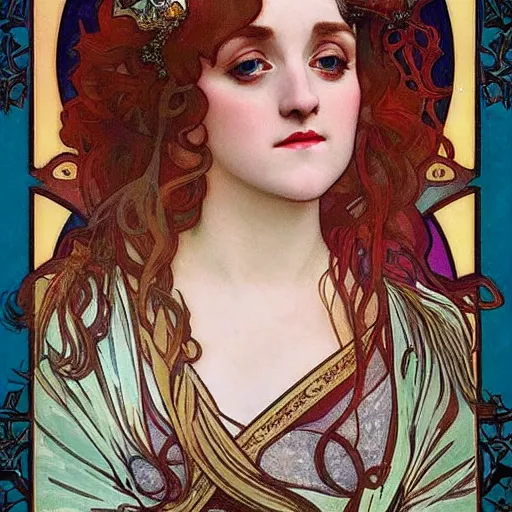 Image similar to evanna lynch portrait by louis - theophile hingre and alphonse mucha, realistic, sharp focus, zodiac signs, tarot cards, planets, ethereal, art nouveau, magic, moon, sun, crown, dreamy, royal, jewellery