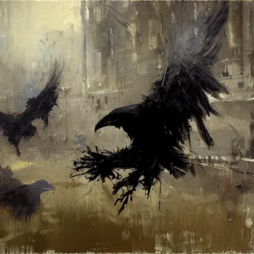 Image similar to ravens attacking, by jeremy mann.