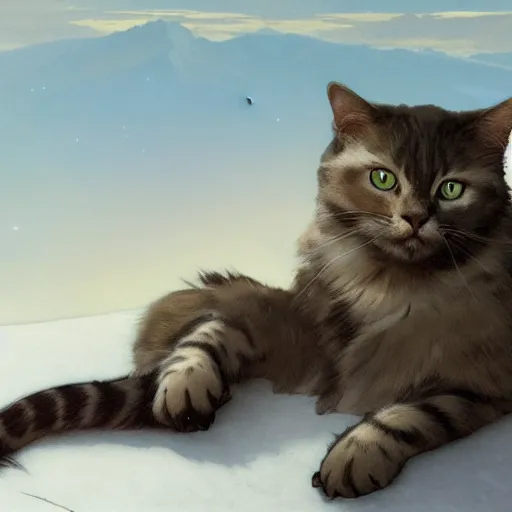 Prompt: Concept art, A shiny Ragdoll cat sitting by snow mountains, 8k, alphonse mucha, james gurney, greg rutkowski, john howe, artstation