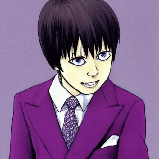 Prompt: pale little boy wearing a purple suit, artwork by eiichiro oda - n 9