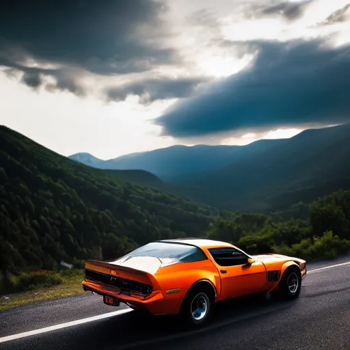 Image similar to black pontiac firebird trans - am driving towards the camera, mountain, valley, breathtaking mountains, lake, dynamic, sunrise, cinematic, motionblur, sunbeams, volumetric lighting, wide shot, low angle, mind flayer, lightning