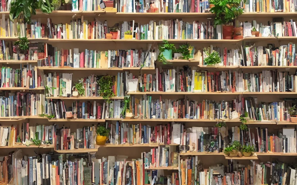 Prompt: bookseller shelves her books, houseplants claymation