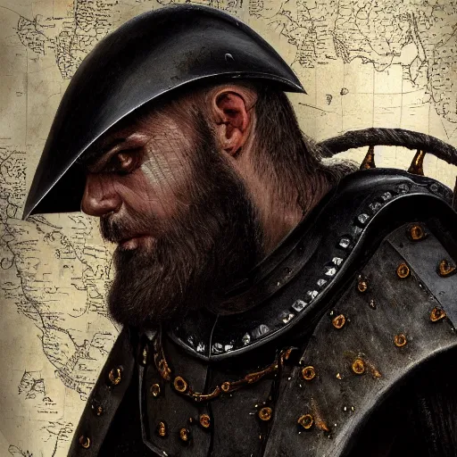 Image similar to Closeup of frustrated male medieval sergeant with a {short} beard wearing a {black!!!! and yellow tabard} over a steel breastplate and a black gambeson looking up from a map on a table, intricate, dramatic lighting illustration by Greg Rutkowski, {perfect face}, {perfect eyes}, ArtStation, digital art, fantasy