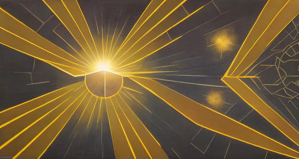 Image similar to solar sail in the shape of a hexagon blocking the sun, art deco painting