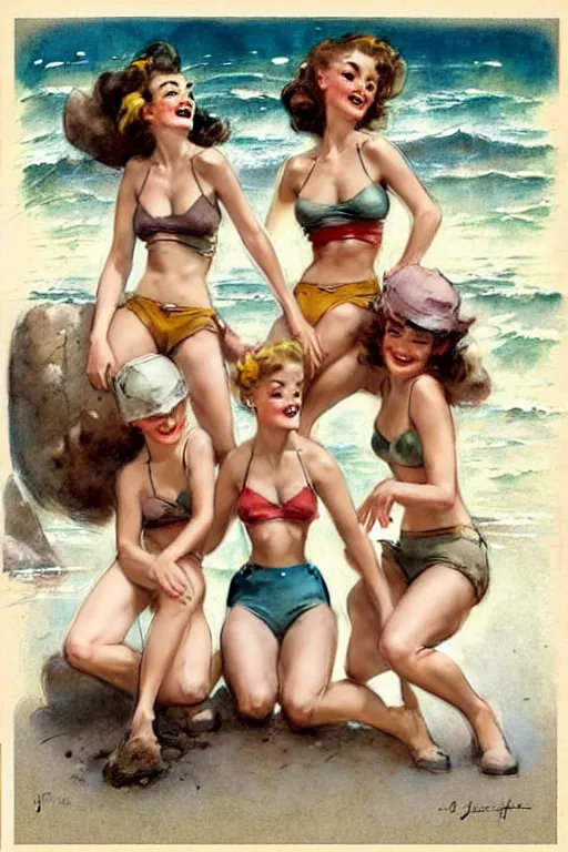 Image similar to (((((1950s three adventure bikini girls playing together character illustration. muted colors.))))) by Jean-Baptiste Monge !!!!!!!!!!!!!!!!!!!!!!!!!!!