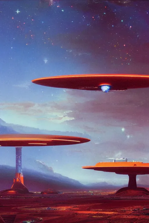 Prompt: a spaceport in an empty landscape, cosmic sky sci - fi vivid by bruce pennington