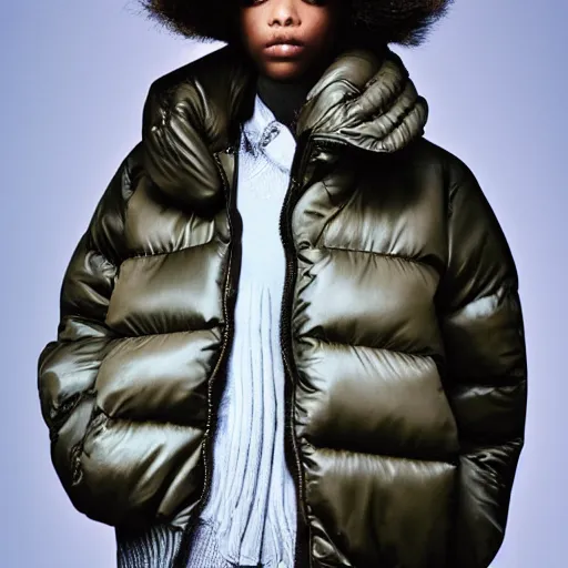 Image similar to realistic photoshooting for a new balenciaga lookbook color film photography portrait of a beautiful woman model, model wears a puffer jacket, photo in style of tyler mitchell, wes anderson