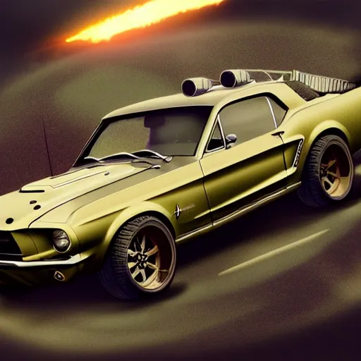 Image similar to a detailed render of a mad max style 1 9 6 7 ford mustang fastback, vector art, art by john collier and albert aublet and krenz cushart and artem demura and alphonse mucha, cosmic, heavenly, god rays, intricate detail, cinematic, 8 k, cel shaded, unreal engine, featured on artstation, pixiv