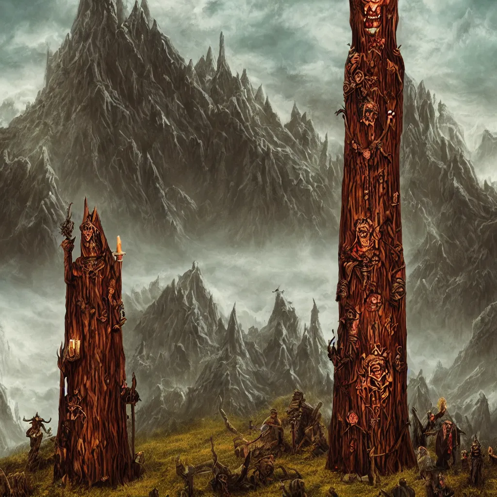 Image similar to evil druid ritual, wooden totem of vampire, on a hill, a detailed matte painting, fantasy