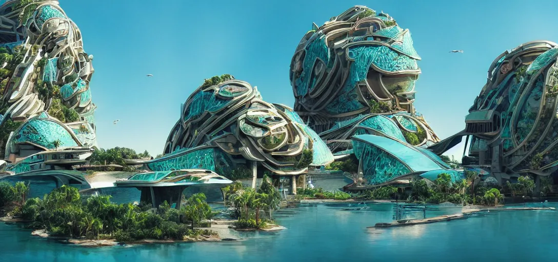 Prompt: highly detailed futuristic architecture by Frank Lloyd Wright and Salvador Dalí, reflective lighting, holographic, stylized vegetation, ground-level view, puddles of turquoise water, stunning sunny lighting, sunrise, vivid colors, in the style of pixar animation, trending on Artstation, 8k, matte painting, ray tracing, hyper detailed, unreal engine 5, cinematic, epic lighting, cryengine, octane render, cyberpunk, red and orange glow, vibrant